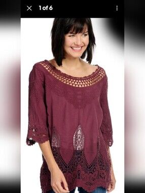 Indigo Thread Womens Burgundy Lacy Cut-out Blouse Top Sz  S/M